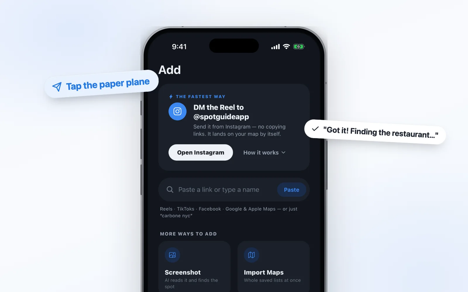 The Add tab points to the fastest way: DM the Reel to @spotguideapp.